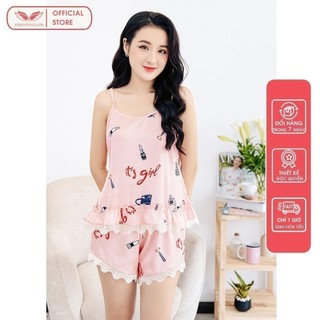 Bộ đồ ngủ hai dây nữ phối viền ren chất liệu lụa thoáng mát màu hồng Vingo N281 VNGO