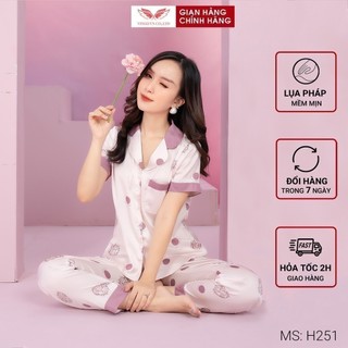 Bộ Pyjama Mặc Nhà Nữ Lụa Pháp VINGO Mùa Thu Đông 2021 Cao Cấp Tay Cộc Quần Dài Họa Tiết Mèo Béo Cute H251 VNGO - TCQD