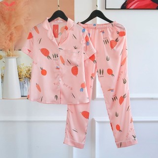 VINGO Bộ Pyjama Mặc Nhà Nữ Lụa Pháp Cao Cấp Tay Cộc Quần Dài Họa Tết Cà Rốt H234 VNGO