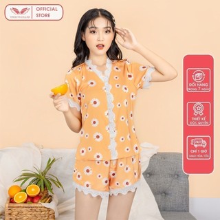 VINGO Bộ đồ ngủ nữ mặc nhà kiểu pijama không cổ phối viền ren hoa cúc trắng 3 màu áo cộc quần cộc H204 VNGO