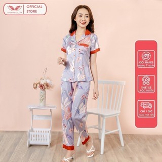 Bộ Pijama Mặc Nhà Nữ Lụa Pháp Tay Cộc Quần Dài Họa Tiết Lá Phối Tím Nhạt H310 VNGO