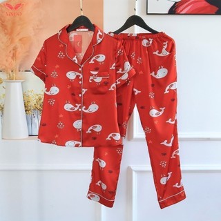 Đồ bộ mặc nhà Vingo bộ pijama tay ngắn quần dài lụa pháp màu đỏ hoạ tiết cá heo VNGO H234