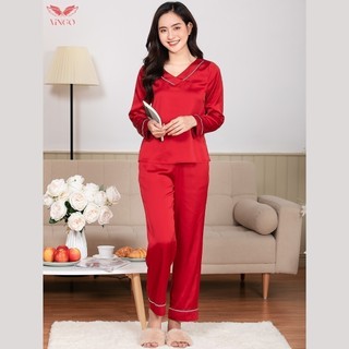 Bộ Pijama Mặc Nhà Tay Dài Quần Dài Lụa Pháp Cao Cấp Cổ Tim Thanh Lịch Vingo H212 VNGO
