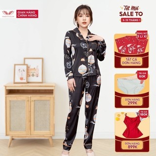 Bộ Đồ Nữ Mặc Nhà Kiểu Pijama VIGNO Tay Dài Quần Dài Chất Liệu Lụa Pháp Họa Tiết Khinh Khí Cầu H241 VNGO