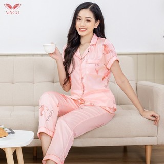 Pijama lụa đồ bộ ngủ mặc nhà cao cấp mùa hè VINGO tay ngắn quần dài hồng hạc dễ thương H206 VNGO