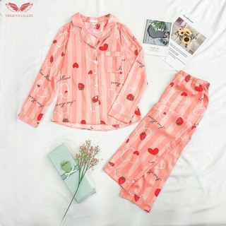 Bộ Đồ Mặc Nhà Kiểu Pijama Áo Dài Tay Quần Dài Lụa Hàn Họa Tiết Tim Dâu Kẻ Sọc Lụa Gấm K012 VNGO