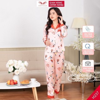 Pijama lụa đồ bộ ngủ mặc nhà cao cấp mùa Thu Đông VINGO tay dài quần dài hoa xanh hồng thanh lịch H237 VNGO