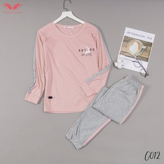 Bộ Đồ Ngủ Mặc Nhà Nữ Chất Liệu Cotton Cao Cấp Tay dài Quần Dài Màu Hồng Phấn Phối Xám C012 VNGO
