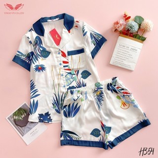 VINGO Bộ Đồ Mặc Nhà Pyjama Nữ Lụa Pháp Tay Cộc Quần Cộc Họa Tiết Lá Xanh Nền Trắng H354 VNGO - TCQC