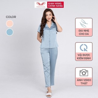 Đồ bộ mặc nhà pijama lụa cao cấp VINGO tay ngắn quần dài phối viền bèo thanh lịch H1119 VNGO