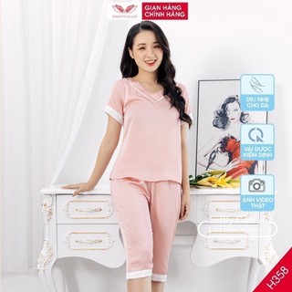 Đồ bộ nữ Pijama mặc nhà mùa Hè VINGO lụa Hàn trơn tay cộc quần lửng cổ V phối viền trắng thanh lịch H358 VNGO
