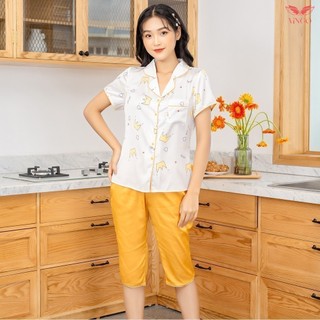 Bộ đồ ngủ Pjjama mặc nhà nữ lụa tay cộc quần lửng họa tiết vương miện H208 VNGO