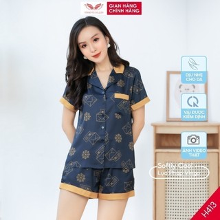 Đồ bộ nữ Pijama mặc nhà Lụa cao cấp mùa hè VINGO tay ngắn quần đùi xanh than trung niên H413 VNGO