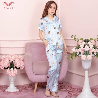 Bộ đồ lụa mặc nhà áo tay cộc quần dài họa tiết bán Donut Vingo mã số H084 thương hiệu VNGO