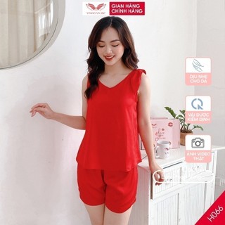 VNGO Đồ Bộ Nữ Ngủ Lụa Cộc VINGO Cao Cấp Mặc Nhà Dáng Ba Lỗ Nơ Tai Thỏ Đính Vai Trẻ Trung H066