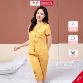 Bộ đồ ngủ nữ mặc nhà áo ngắn quần lửng lụa Pháp phối viền xếp ly cao cấp Vingo _ VNGO mã H024