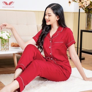 VINGO Đồ Bộ Mặc Nhà Nữ Lụa Pháp Trơn Cao Cấp Dáng Pijama Áo Cộc Quần Dài Lịch Sự PJ26 VNGO