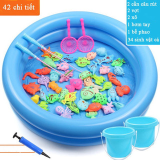Bộ đồ chơi câu cá cho bé 42 chi tiết có gắn nam châm bao gồm cần câu nhựa bể phao 2 tầng cho bé PLSHARK