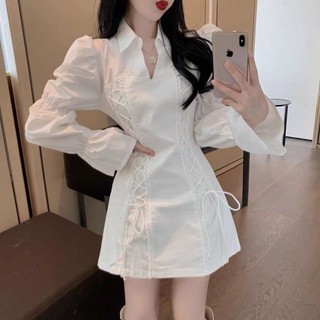 (Ảnh thật) Đầm cổ sơ mi đan dây eo tay loe - D226