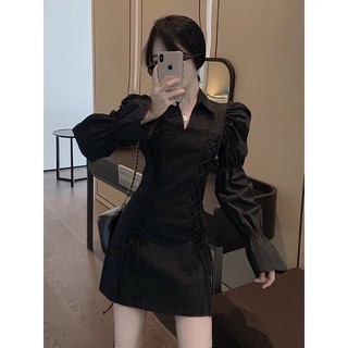 (Ảnh thật) Đầm cổ sơ mi đan dây eo tay loe - D226
