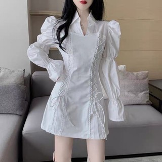 (Ảnh thật) Đầm cổ sơ mi đan dây eo tay loe - D226