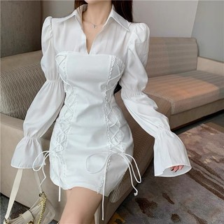 (Ảnh thật) Đầm cổ sơ mi đan dây eo tay loe - D226