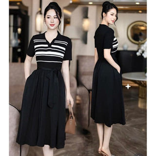 ( HÀNG NHẬP - CAO CẤP) VÁY ĐẦM THUN LEN PHỐI LỤA TƠ XẾP LY DÁNG XÒE  SANG CHẢNH ( CC020524405)