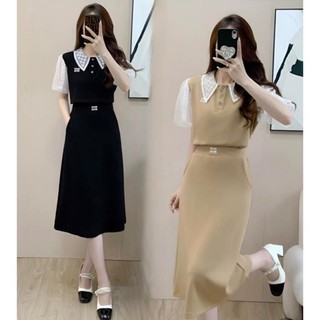 (HÀNG NHẬP - CAO CẤP ) SET ÁO CROPTOP PHỐI REN +CHÂN VÁY DÁNG SUÔNG SANG CHẢNH ( MTT240424425)