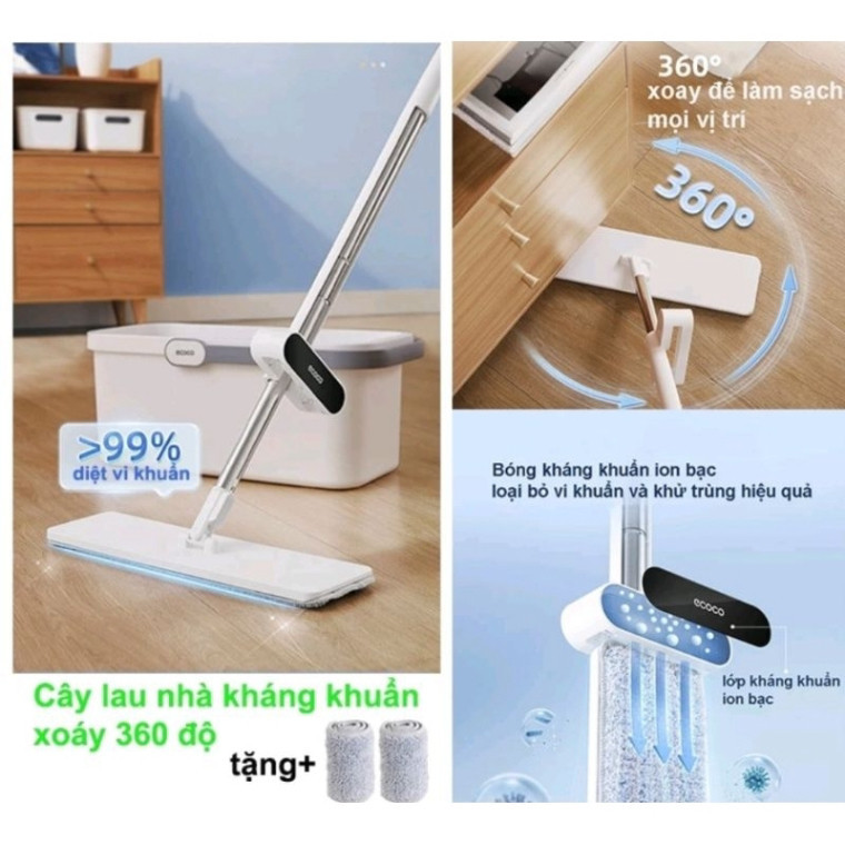 Cây lau nhà tự vắt thông minh ECOCO kháng khuẩn xoay 360 độ, lau sạch khô nhanh,Chổi lau nhà gấp gọn