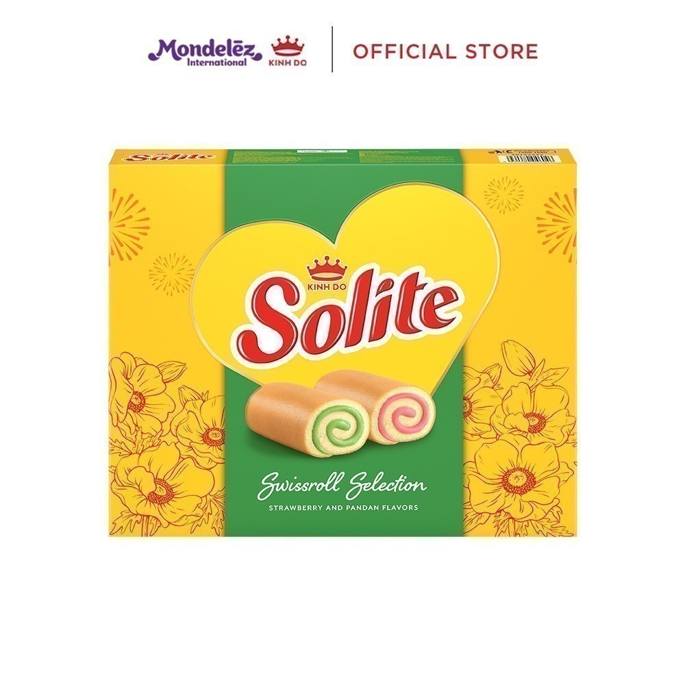 Bánh bông lan Solite cuộn kem vị lá dứa và vị dâu, hộp quà Tết 324g