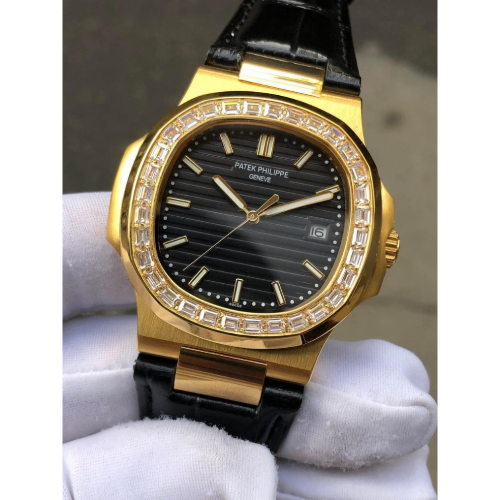 Đồng Hồ Nam patek philippe PA52 Case 40mm Vỏ vàng gold Viền đá dài Máy Cơ Automatic Nhật