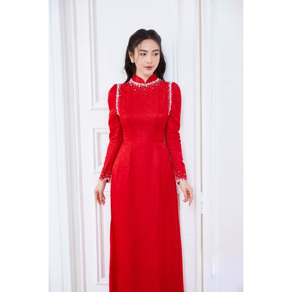 ÁO DÀI CƯỚI, ÁO DÀI CÔ DÂU GẤM TƠ 2 TÀ KẾT NGỌC THỦ CÔNG CAO CẤP , Áo Dài CAM mã AD450