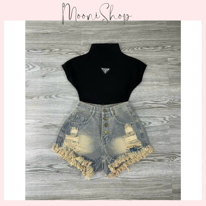 Quần ngắn jean bò phối đồ cực xinh Quần Jean Đùi 4 Cúc Tua Rua, Quần Đùi Nữ Thời Trang Sang Chảnh