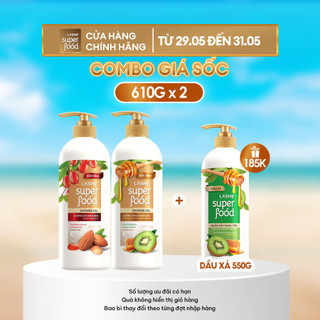 Combo Sữa Tắm LASHE SUPERFOOD Dưỡng Da Sáng Mịn & Dưỡng Ẩm Chuyên Sâu 610Gx2 + Tặng Dầu Xả Ngăn Gãy Rụng Tóc 550G