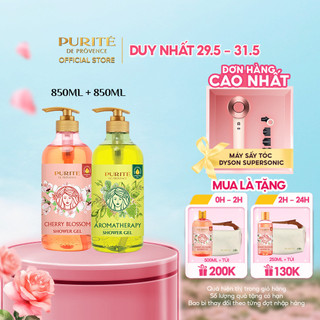  Combo Sữa tắm Purité sáng mịn hoa anh đào 850ml + sữa tắm thư giãn tinh dầu thơm aroma 850ml
