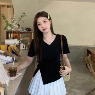 Áo thun nữ cổ v xẻ tà, áo ngắn tay nữ phong cách hàn quốc siêu đáng iu a03