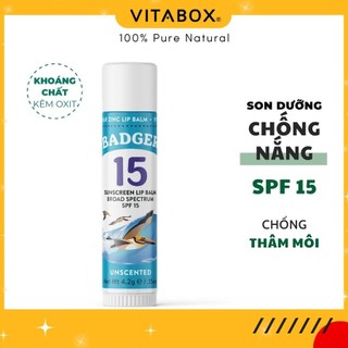 Son dưỡng hữu cơ BADGER chống nắng SPF 15 - dưỡng ẩm lâu, không thâm môi - Sunscreen Lip Balm - 4.2gr