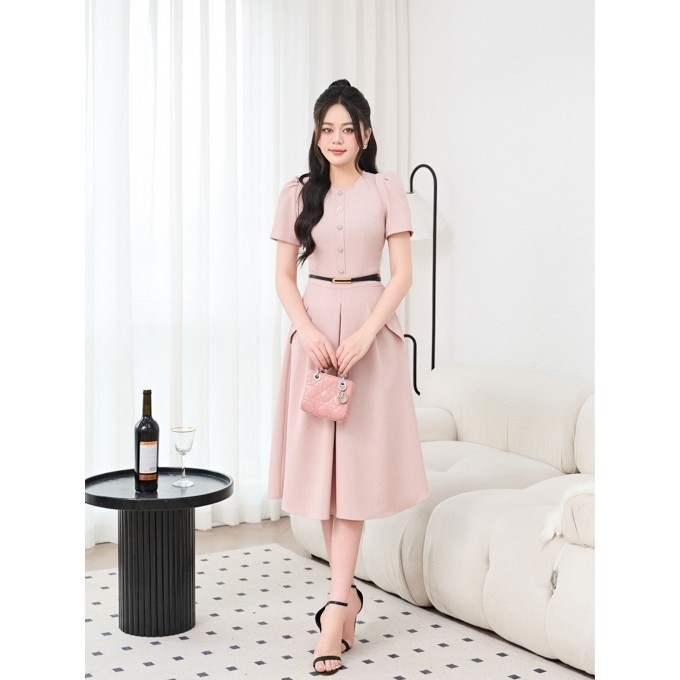 Đầm công sở twill silk dáng xòe thiết kế tay cộc phối đai lưng Orchid - BH10X231