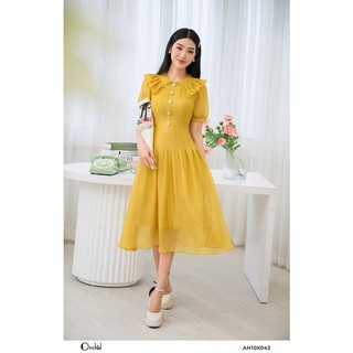 Đầm tơ nhăn vàng cổ bèo tiểu thư cao cấp Orchid BH10X465