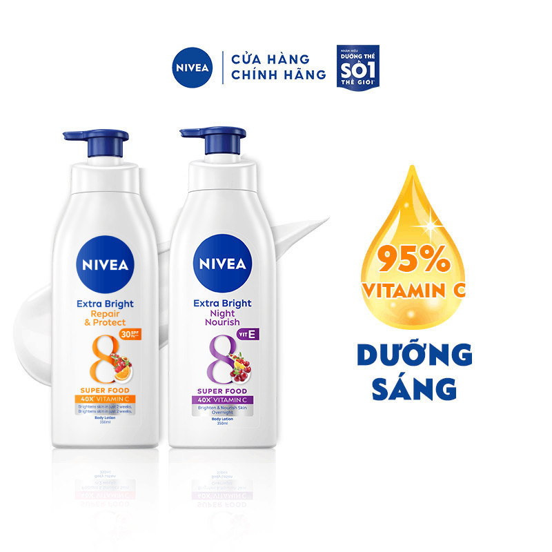 Bộ 2 Sữa Dưỡng Thể NIVEA 8 Super Foods Ngày Và Đêm Dưỡng Sáng Da | Phục Hồi | Bảo Vệ Da (350 ml) - 98412+88311