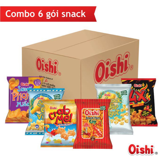 DohaMart Combo2 - 6 gói snack Oishi 35g (Snack: Cua Lắc Phô Mai, 4X Vị Cay, Phomat Miếng, Bắp Ngọt, 