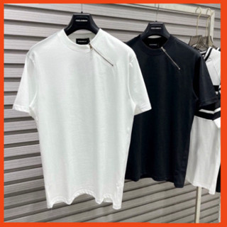 Áo Phông Nam Nữ Dsq2 Trơn Phối Thêu Khoá Zip Chéo Cổ Kiểu Dáng Đơn Giản Basic . Áo Thun Trơn Cho Các Boy Phố Hót B 4