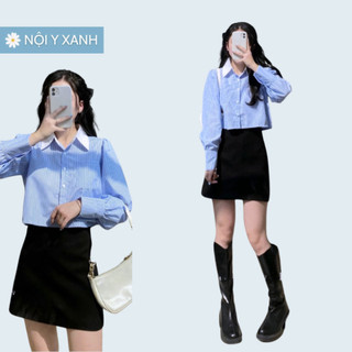 Áo Sơ Mi Kẻ Sọc Phối Cổ Trắng Noiyxanh Dài Tay Dáng Croptop