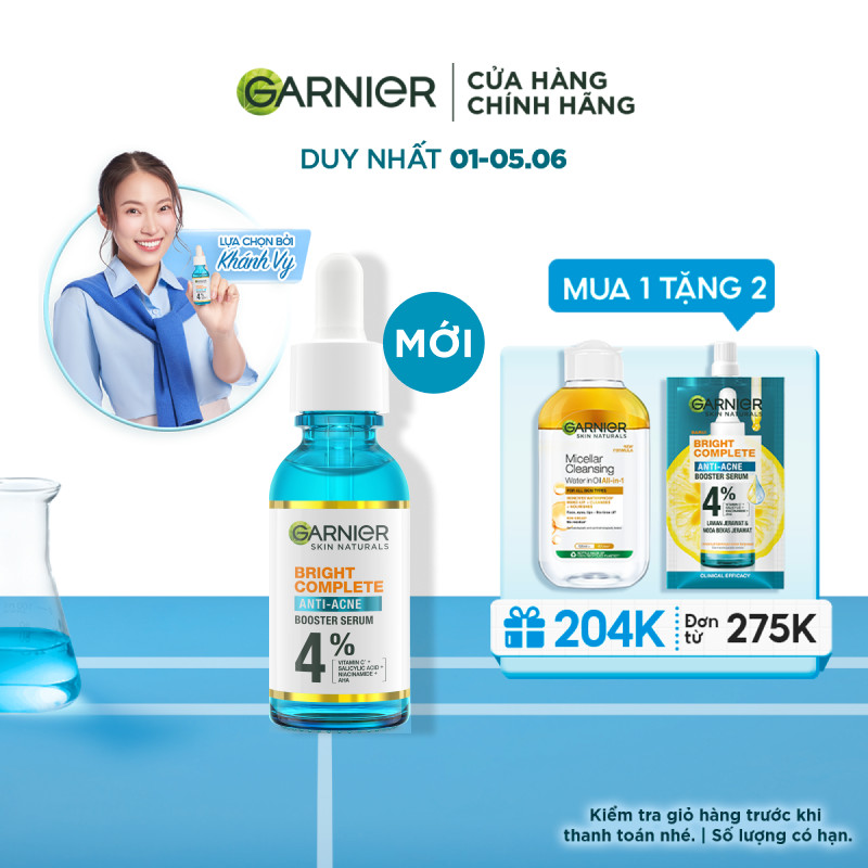 Dưỡng chất cho da dầu mụn Garnier Bright Complete Anti-Acnes Booster Serum 4% [Niacinamide, BHA, AHA, Vitamin C] 30ml