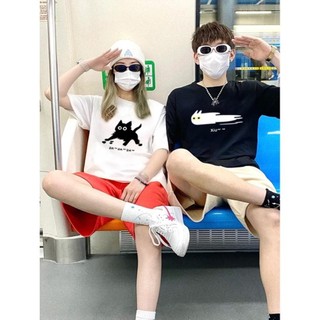 Áo thun unisex form rộng tay lỡ nam nữ mèo đen vải cotton dày dặn, co giãn COUPLE HU AP
