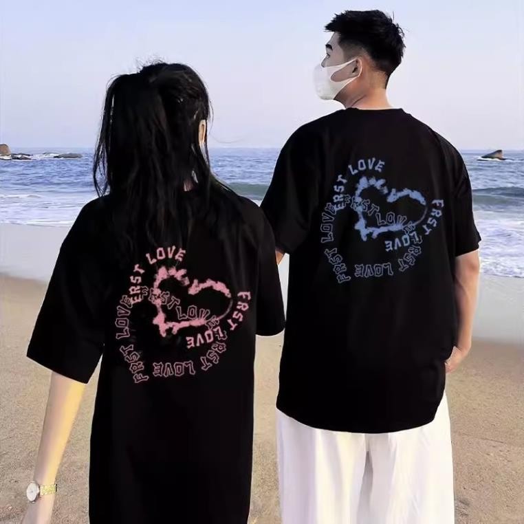 Áo thun unisex form rộng tay lỡ nam nữ tim hồng vải cotton dày dặn, co giãn COUPLE UT