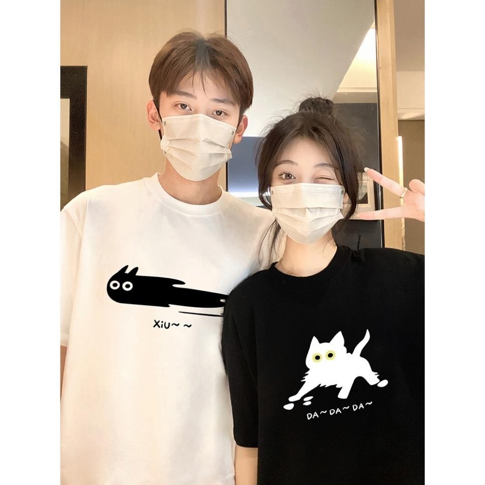Áo thun unisex form rộng tay lỡ nam nữ mèo đen vải cotton dày dặn, co giãn COUPLE UT