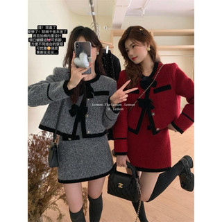 Set dạ pha lông cao cấp 2 màu xám đỏ phối nơ strawbery