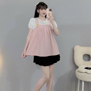bộ đồ bầu B303 giả yếm cộc tay hàng thiết kế dáng babydoll chất tằm nhăn xinh xắn đi làm đi chơi.