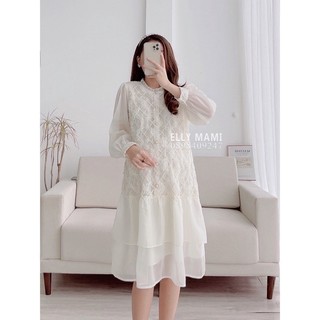Váy Bầu diện tết thời trang thiết kế dự tiệc- Đầm bầu công sở chất ren hai lớp mềm mát